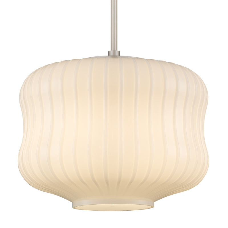 Quoizel Cara 14in 1-Light Pendant | Modern Brushed Nickel and Ribbed Clear Opal Glass | Kitchen Island & Dining Room | Model CARA1814BN