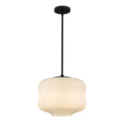 Quoizel Cara 14in 1-Light Pendant | Modern Matte Black and Ribbed Clear Opal Glass | Kitchen Island & Dining Room | Model CARA1814MBK