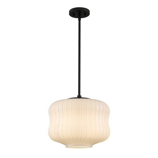 Quoizel Cara 14in 1-Light Pendant | Modern Matte Black and Ribbed Clear Opal Glass | Kitchen Island & Dining Room | Model CARA1814MBK