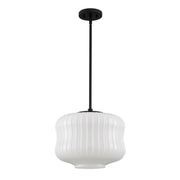 Quoizel Cara 14in 1-Light Pendant | Modern Matte Black and Ribbed Clear Opal Glass | Kitchen Island & Dining Room | Model CARA1814MBK