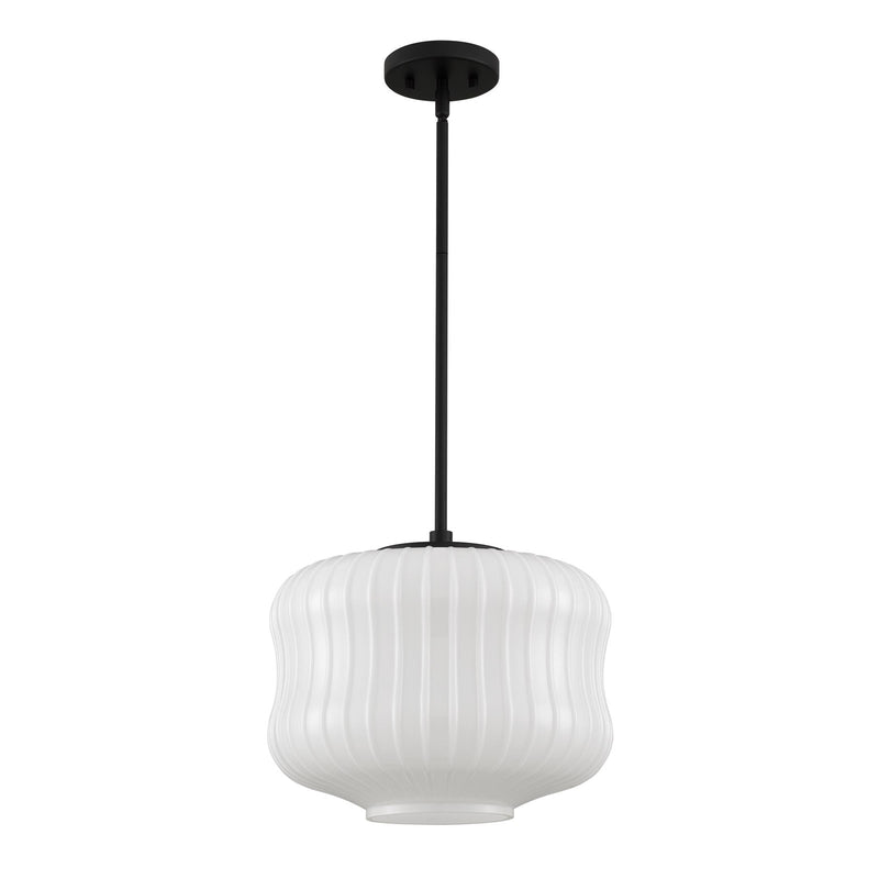 Quoizel Cara 14in 1-Light Pendant | Modern Matte Black and Ribbed Clear Opal Glass | Kitchen Island & Dining Room | Model CARA1814MBK