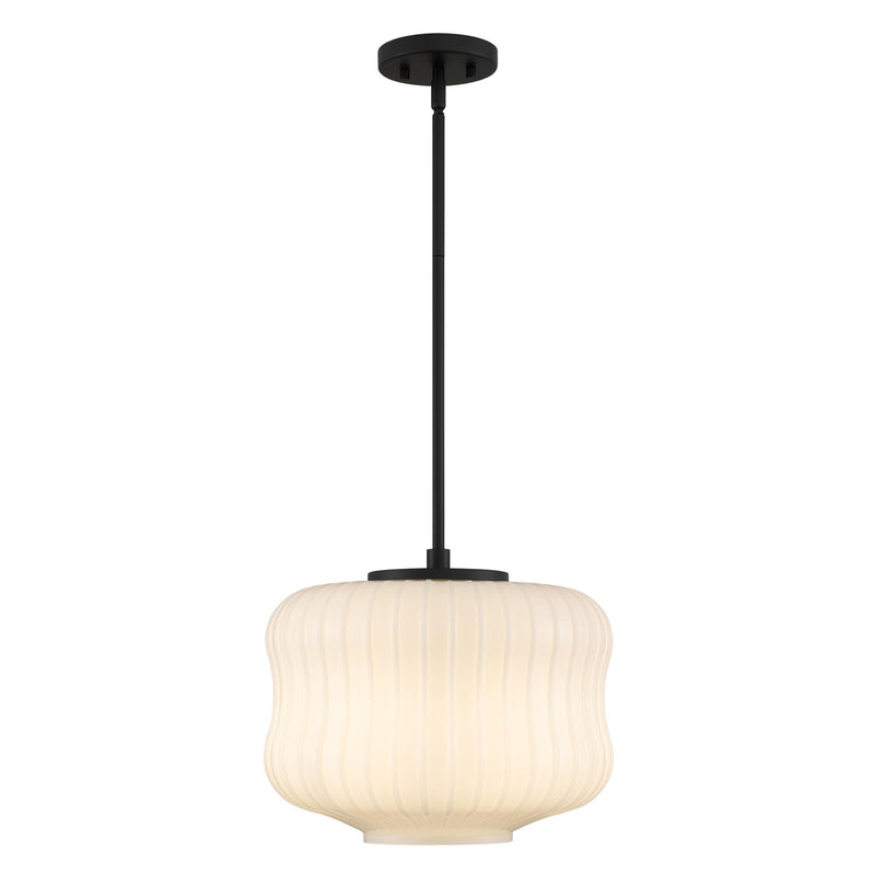 Quoizel Cara 14in 1-Light Pendant | Modern Matte Black and Ribbed Clear Opal Glass | Kitchen Island & Dining Room | Model CARA1814MBK