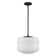 Quoizel Cara 14in 1-Light Pendant | Modern Matte Black and Ribbed Clear Opal Glass | Kitchen Island & Dining Room | Model CARA1814MBK