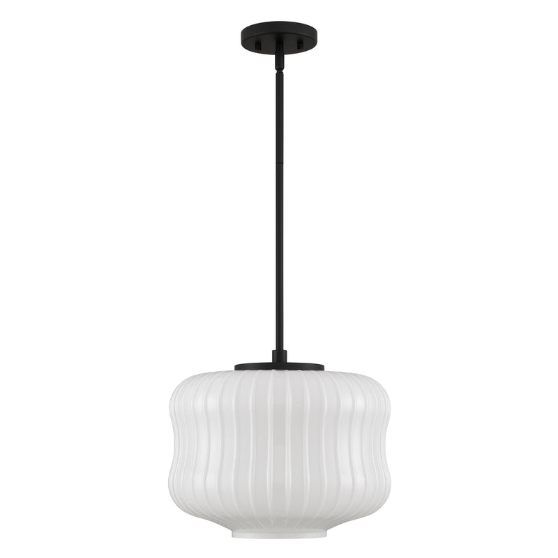 Quoizel Cara 14in 1-Light Pendant | Modern Matte Black and Ribbed Clear Opal Glass | Kitchen Island & Dining Room | Model CARA1814MBK