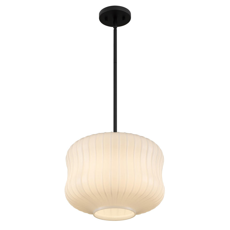 Quoizel Cara 14in 1-Light Pendant | Modern Matte Black and Ribbed Clear Opal Glass | Kitchen Island & Dining Room | Model CARA1814MBK