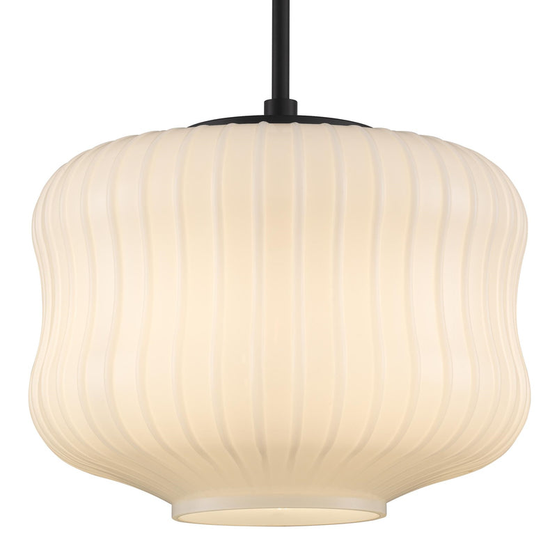 Quoizel Cara 14in 1-Light Pendant | Modern Matte Black and Ribbed Clear Opal Glass | Kitchen Island & Dining Room | Model CARA1814MBK