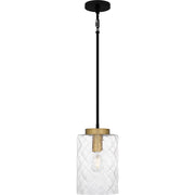 Quoizel Carly 8in 1-Light Mini Pendant | Industrial Matte Black and Clear Swirl Glass | Kitchen Island & Bar | 8 x 8 x 13.25 in | Model CAY1508MBK