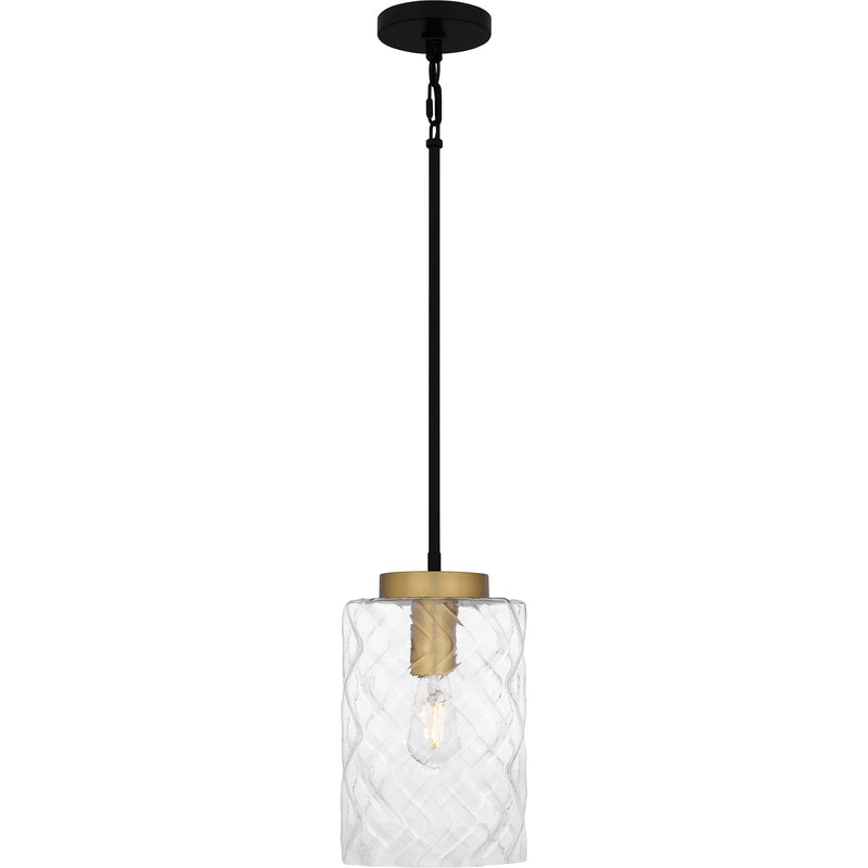 Quoizel Carly 8in 1-Light Mini Pendant | Industrial Matte Black and Clear Swirl Glass | Kitchen Island & Bar | 8 x 8 x 13.25 in | Model CAY1508MBK
