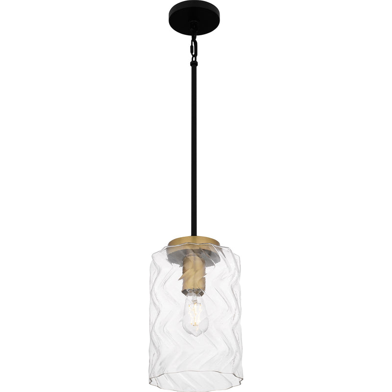 Quoizel Carly 8in 1-Light Mini Pendant | Industrial Matte Black and Clear Swirl Glass | Kitchen Island & Bar | 8 x 8 x 13.25 in | Model CAY1508MBK