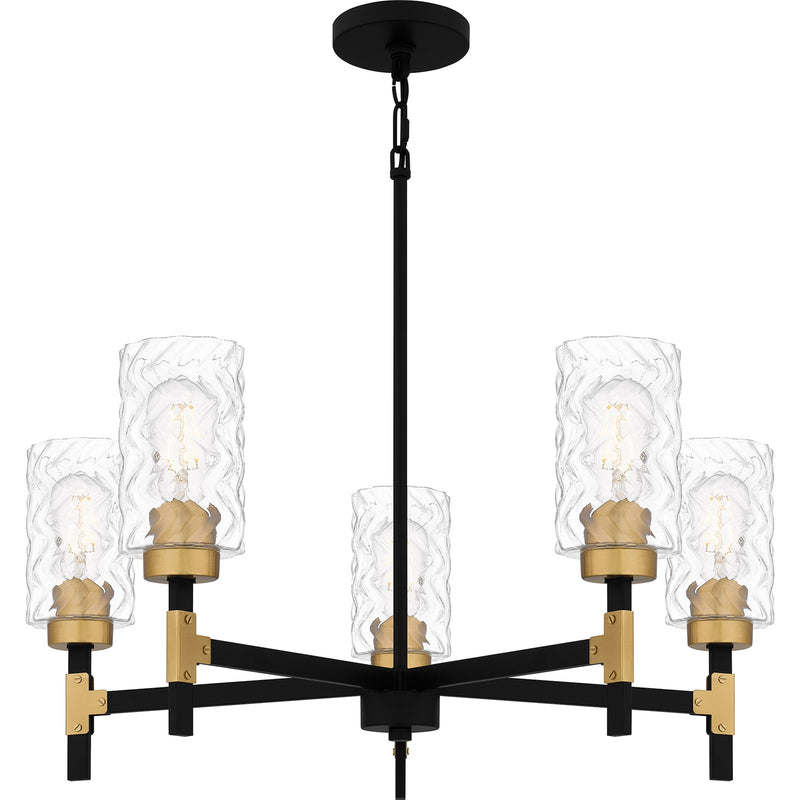 Quoizel Carly 28in 5-Light Chandelier | Industrial Matte Black and Clear Swirl Glass | Dining Room & Foyer | 28 x 28 x 12 in | Model CAY5028MBK