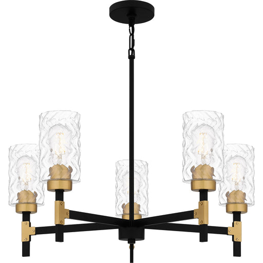Quoizel Carly 28in 5-Light Chandelier | Industrial Matte Black and Clear Swirl Glass | Dining Room & Foyer | 28 x 28 x 12 in | Model CAY5028MBK