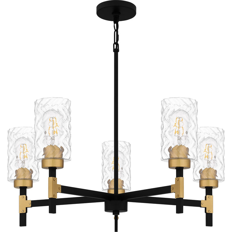 Quoizel Carly 28in 5-Light Chandelier | Industrial Matte Black and Clear Swirl Glass | Dining Room & Foyer | 28 x 28 x 12 in | Model CAY5028MBK