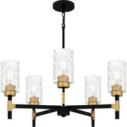 Quoizel Carly 28in 5-Light Chandelier | Industrial Matte Black and Clear Swirl Glass | Dining Room & Foyer | 28 x 28 x 12 in | Model CAY5028MBK