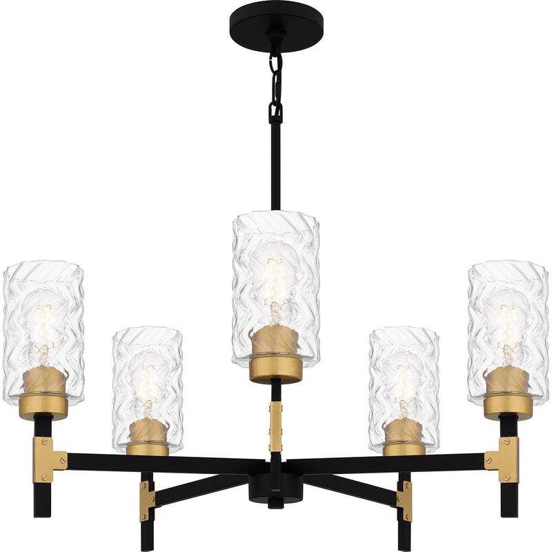 Quoizel Carly 28in 5-Light Chandelier | Industrial Matte Black and Clear Swirl Glass | Dining Room & Foyer | 28 x 28 x 12 in | Model CAY5028MBK
