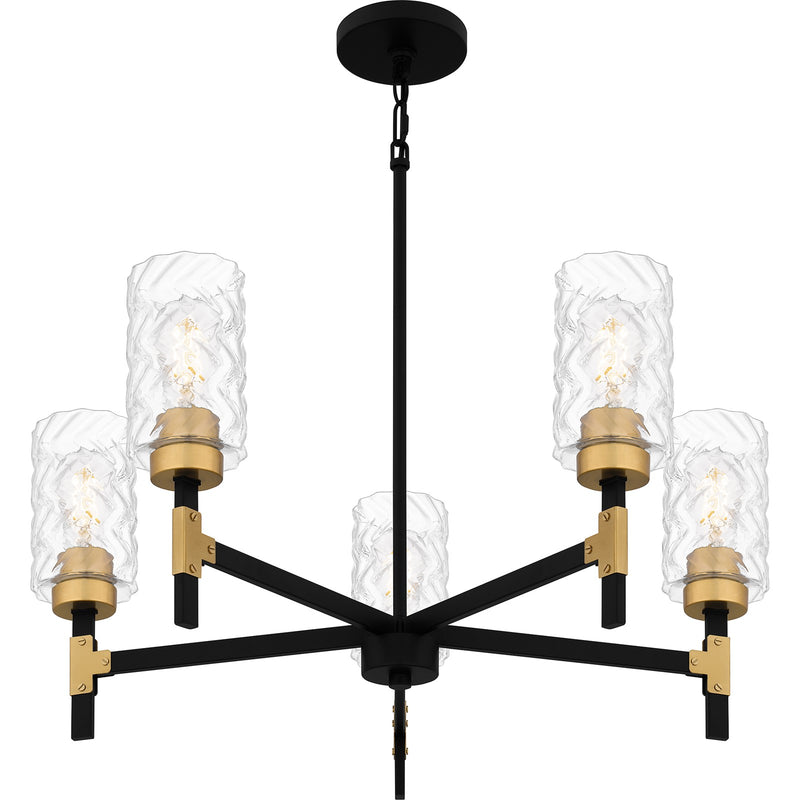 Quoizel Carly 28in 5-Light Chandelier | Industrial Matte Black and Clear Swirl Glass | Dining Room & Foyer | 28 x 28 x 12 in | Model CAY5028MBK