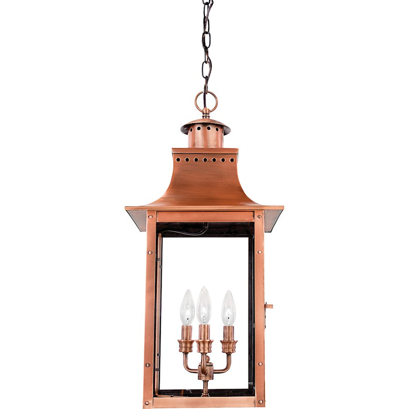 Quoizel Chalmers 12in 3-Light Outdoor Lantern | Traditional Aged Copper and Clear Glass | Front Porch & Entryway | 12 x 12 x 26 in | Model CM1912AC
