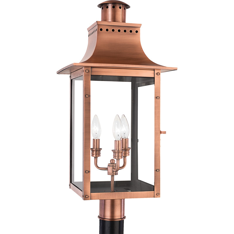 Quoizel Chalmers 12in 3-Light Outdoor Lantern | Traditional Aged Copper and Clear Glass | Front Porch & Entryway | 12 x 12 x 26 in | Model CM9012AC