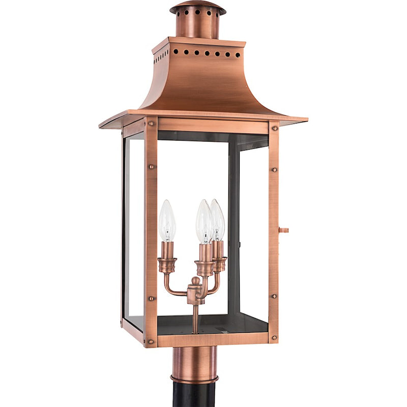 Quoizel Chalmers 12in 3-Light Outdoor Lantern | Traditional Aged Copper and Clear Glass | Front Porch & Entryway | 12 x 12 x 26 in | Model CM9012AC