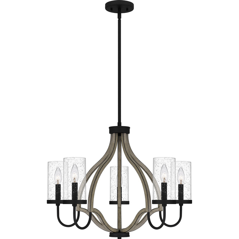 Quoizel Cornelia 26in 5-Light Chandelier | Farmhouse Matte Black and Clear Seedy Glass | Dining Room & Foyer | 26 x 26 x 19.5 in | Model CNE5026MBK