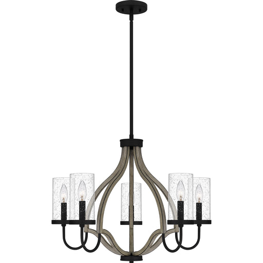 Quoizel Cornelia 26in 5-Light Chandelier | Farmhouse Matte Black and Clear Seedy Glass | Dining Room & Foyer | 26 x 26 x 19.5 in | Model CNE5026MBK