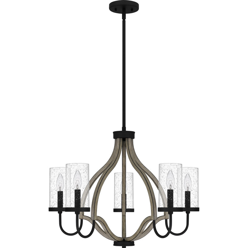 Quoizel Cornelia 26in 5-Light Chandelier | Farmhouse Matte Black and Clear Seedy Glass | Dining Room & Foyer | 26 x 26 x 19.5 in | Model CNE5026MBK