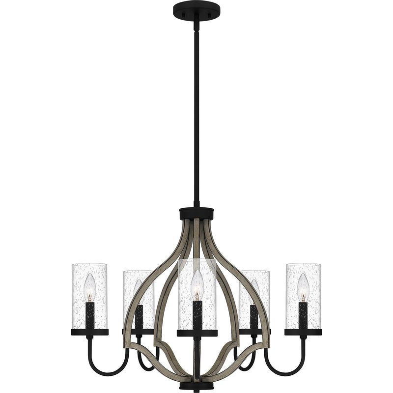 Quoizel Cornelia 26in 5-Light Chandelier | Farmhouse Matte Black and Clear Seedy Glass | Dining Room & Foyer | 26 x 26 x 19.5 in | Model CNE5026MBK