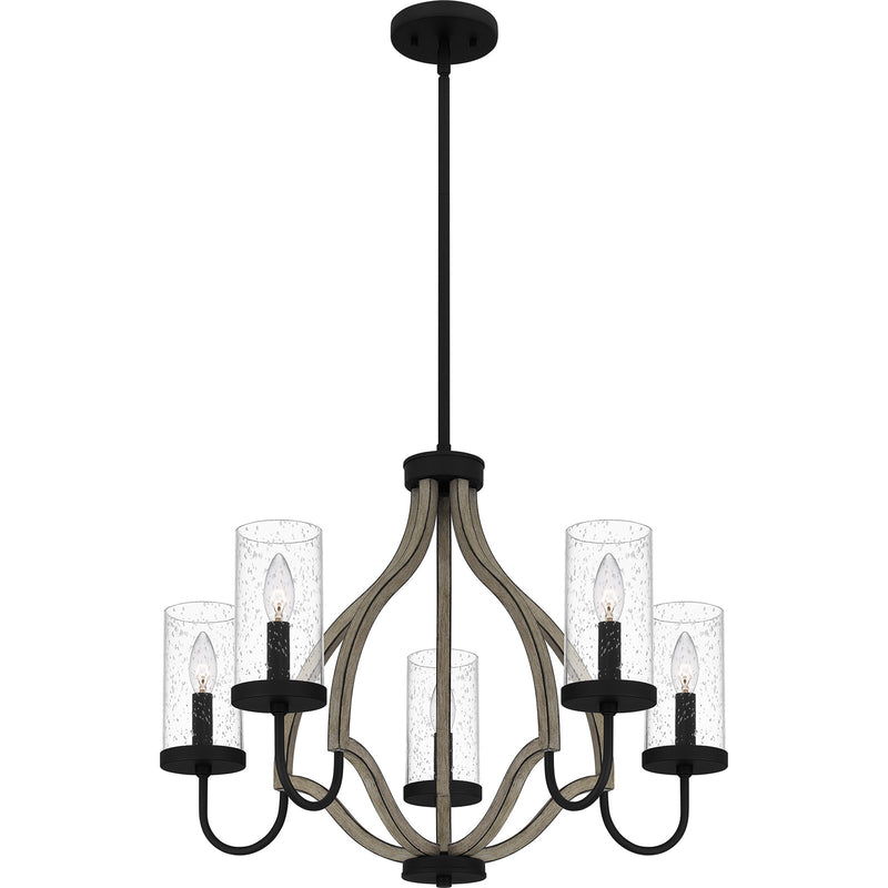 Quoizel Cornelia 26in 5-Light Chandelier | Farmhouse Matte Black and Clear Seedy Glass | Dining Room & Foyer | 26 x 26 x 19.5 in | Model CNE5026MBK