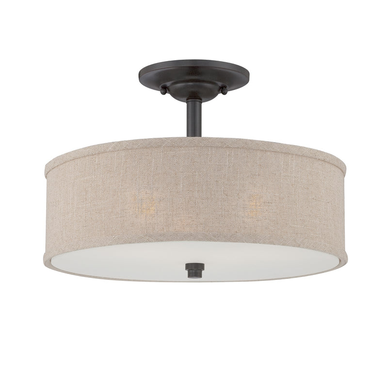 Quoizel Cloverdale 17in 3-Light Semi-Flush Mount | Transitional Mottled Cocoa and Khaki Fabric | Bedroom & Hallway | Model CRA1717MC