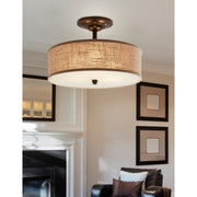 Quoizel Cloverdale 17in 3-Light Semi-Flush Mount | Transitional Mottled Cocoa and Khaki Fabric | Bedroom & Hallway | Model CRA1717MC
