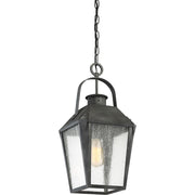 Quoizel Carriage 10in 1-Light Outdoor Lantern | Traditional Mottled Black and Clear Seedy Glass | Front Porch & Entryway | Model CRG1910MB