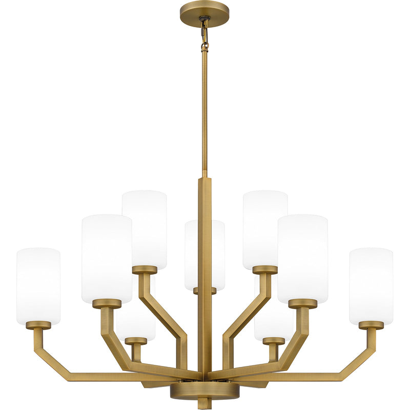 Quoizel Cavalier 34in 9-Light Chandelier | Modern Aged Brass and Opal Glass | Kitchen Island & Dining Room | 34.5 x 34.5 x 22 in | Model CVR5034AB