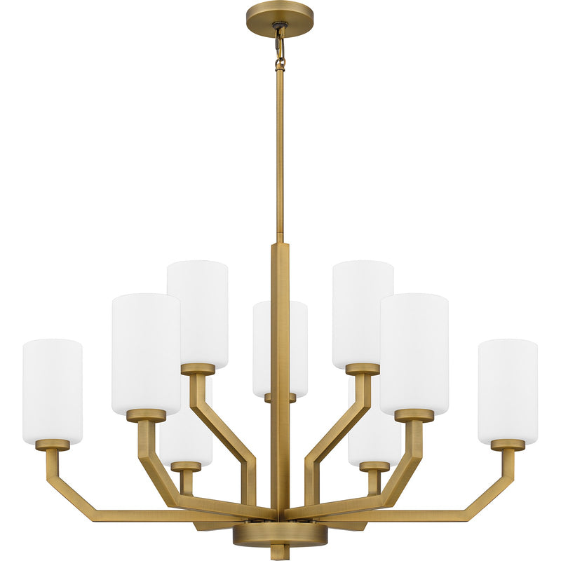 Quoizel Cavalier 34in 9-Light Chandelier | Modern Aged Brass and Opal Glass | Kitchen Island & Dining Room | 34.5 x 34.5 x 22 in | Model CVR5034AB