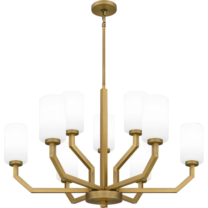 Quoizel Cavalier 34in 9-Light Chandelier | Modern Aged Brass and Opal Glass | Kitchen Island & Dining Room | 34.5 x 34.5 x 22 in | Model CVR5034AB