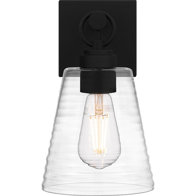 Quoizel Dacosta 10in 1-Light Wall Sconce | Farmhouse Earth Black and Clear Ribbed Glass | Bedroom & Hallway Accent Light | Model DAC8606EK