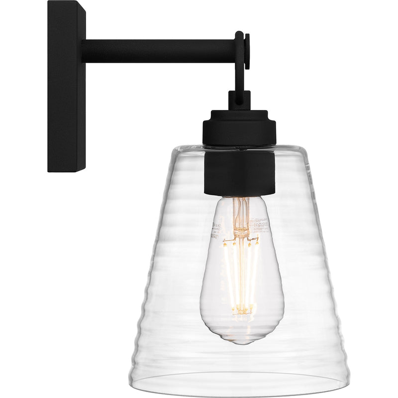 Quoizel Dacosta 10in 1-Light Wall Sconce | Farmhouse Earth Black and Clear Ribbed Glass | Bedroom & Hallway Accent Light | Model DAC8606EK