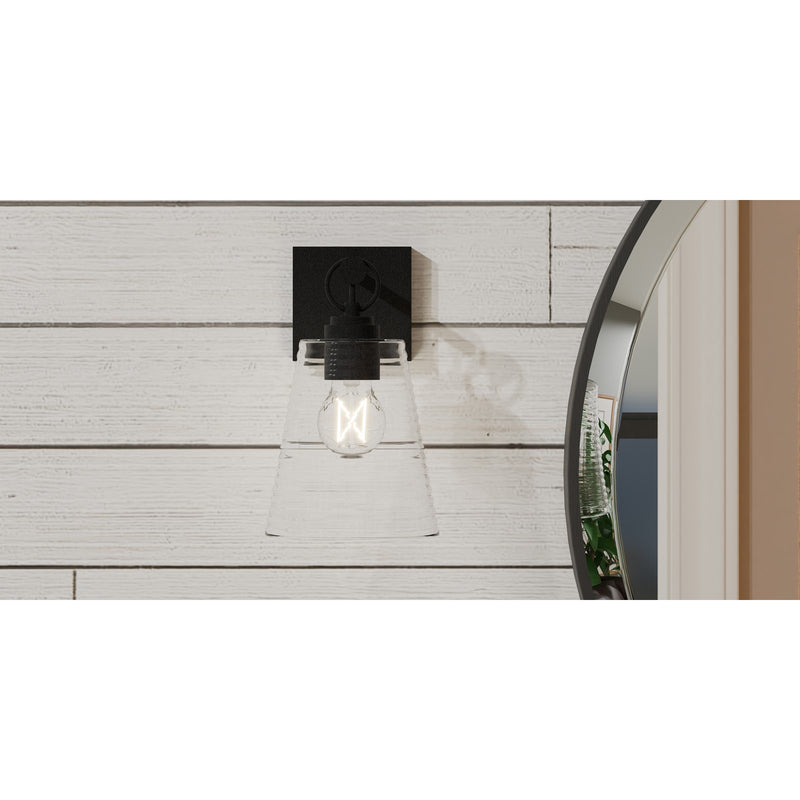 Quoizel Dacosta 10in 1-Light Wall Sconce | Farmhouse Earth Black and Clear Ribbed Glass | Bedroom & Hallway Accent Light | Model DAC8606EK