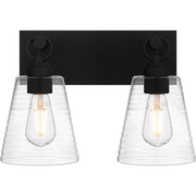 Quoizel Dacosta 15in 2-Light Bath Light | Farmhouse Earth Black and Clear Ribbed Glass | Bathroom Vanity & Powder Room | Model DAC8615EK