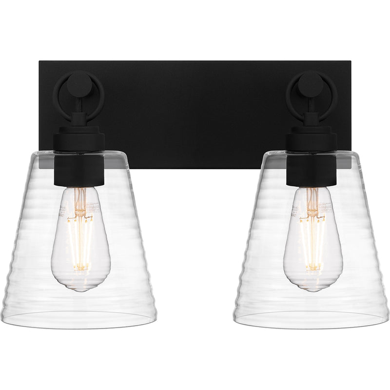 Quoizel Dacosta 15in 2-Light Bath Light | Farmhouse Earth Black and Clear Ribbed Glass | Bathroom Vanity & Powder Room | Model DAC8615EK