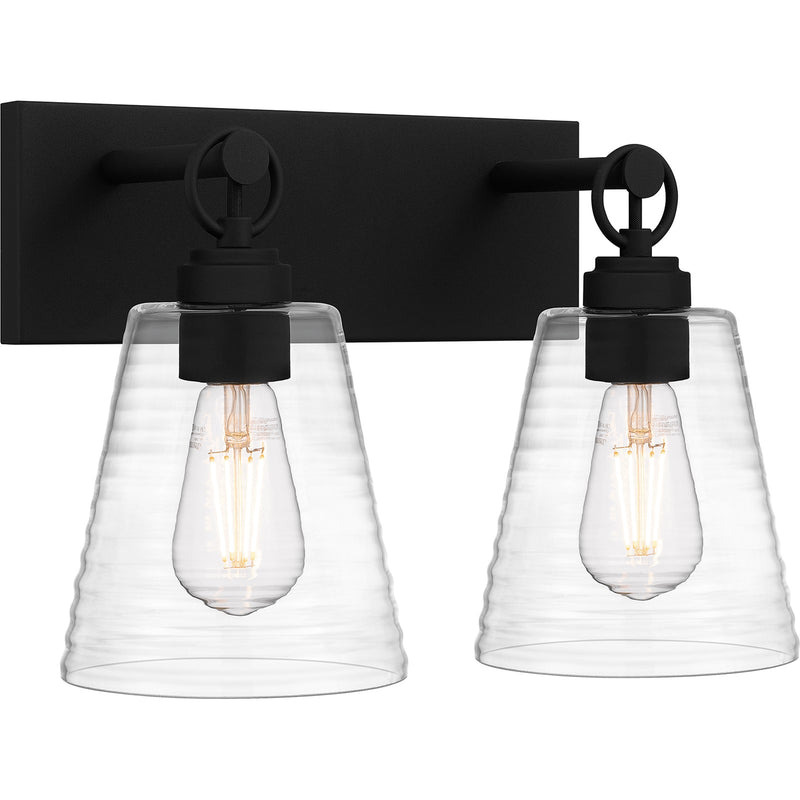 Quoizel Dacosta 15in 2-Light Bath Light | Farmhouse Earth Black and Clear Ribbed Glass | Bathroom Vanity & Powder Room | Model DAC8615EK