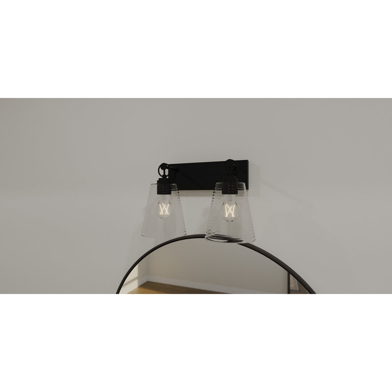 Quoizel Dacosta 15in 2-Light Bath Light | Farmhouse Earth Black and Clear Ribbed Glass | Bathroom Vanity & Powder Room | Model DAC8615EK