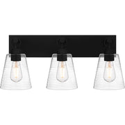 Quoizel Dacosta 24in 3-Light Bath Light | Farmhouse Earth Black and Clear Ribbed Glass | Bathroom Vanity & Powder Room | Model DAC8624EK