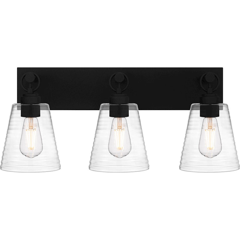 Quoizel Dacosta 24in 3-Light Bath Light | Farmhouse Earth Black and Clear Ribbed Glass | Bathroom Vanity & Powder Room | Model DAC8624EK