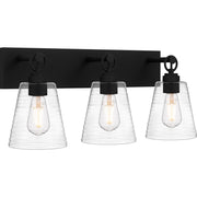 Quoizel Dacosta 24in 3-Light Bath Light | Farmhouse Earth Black and Clear Ribbed Glass | Bathroom Vanity & Powder Room | Model DAC8624EK