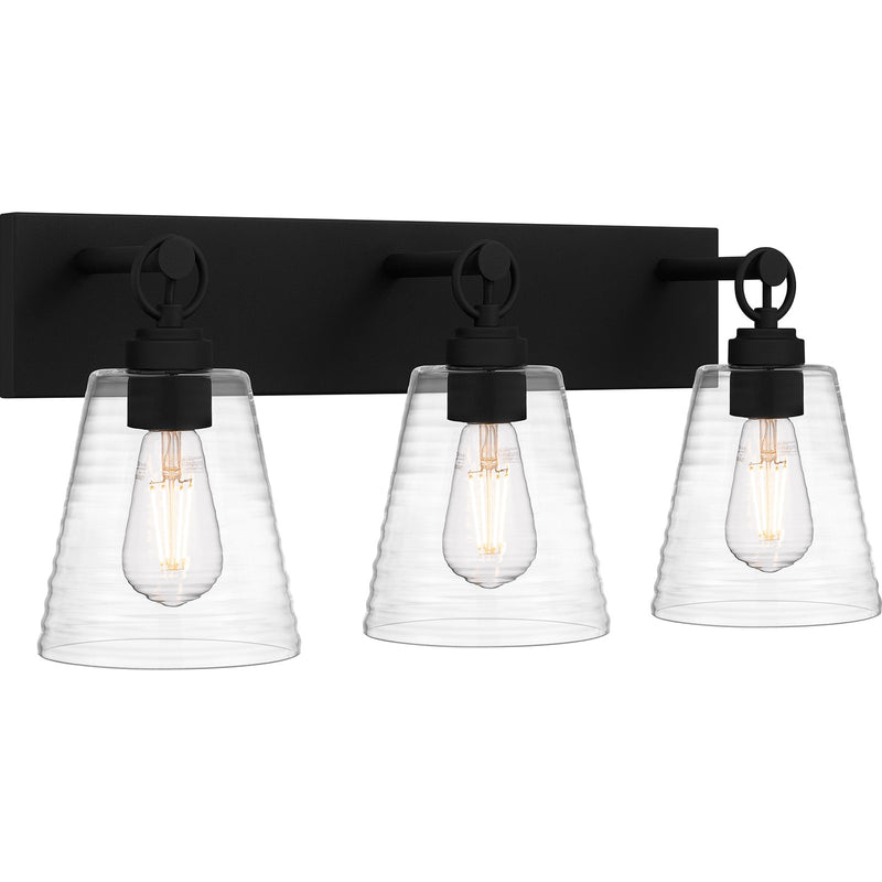 Quoizel Dacosta 24in 3-Light Bath Light | Farmhouse Earth Black and Clear Ribbed Glass | Bathroom Vanity & Powder Room | Model DAC8624EK
