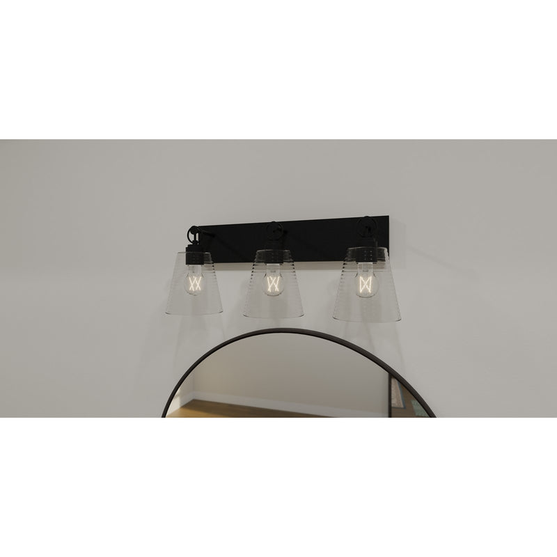 Quoizel Dacosta 24in 3-Light Bath Light | Farmhouse Earth Black and Clear Ribbed Glass | Bathroom Vanity & Powder Room | Model DAC8624EK