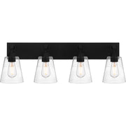 Quoizel Dacosta 33in 4-Light Bath Light | Farmhouse Earth Black and Clear Ribbed Glass | Bathroom Vanity & Powder Room | Model DAC8633EK
