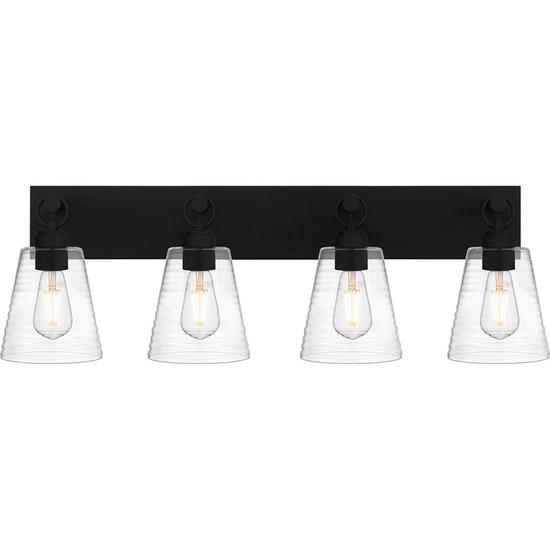 Quoizel Dacosta 33in 4-Light Bath Light | Farmhouse Earth Black and Clear Ribbed Glass | Bathroom Vanity & Powder Room | Model DAC8633EK