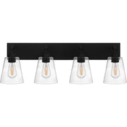 Quoizel Dacosta 33in 4-Light Bath Light | Farmhouse Earth Black and Clear Ribbed Glass | Bathroom Vanity & Powder Room | Model DAC8633EK