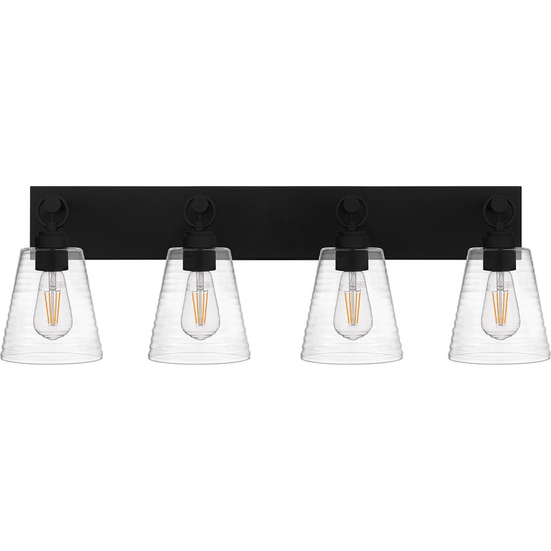 Quoizel Dacosta 33in 4-Light Bath Light | Farmhouse Earth Black and Clear Ribbed Glass | Bathroom Vanity & Powder Room | Model DAC8633EK