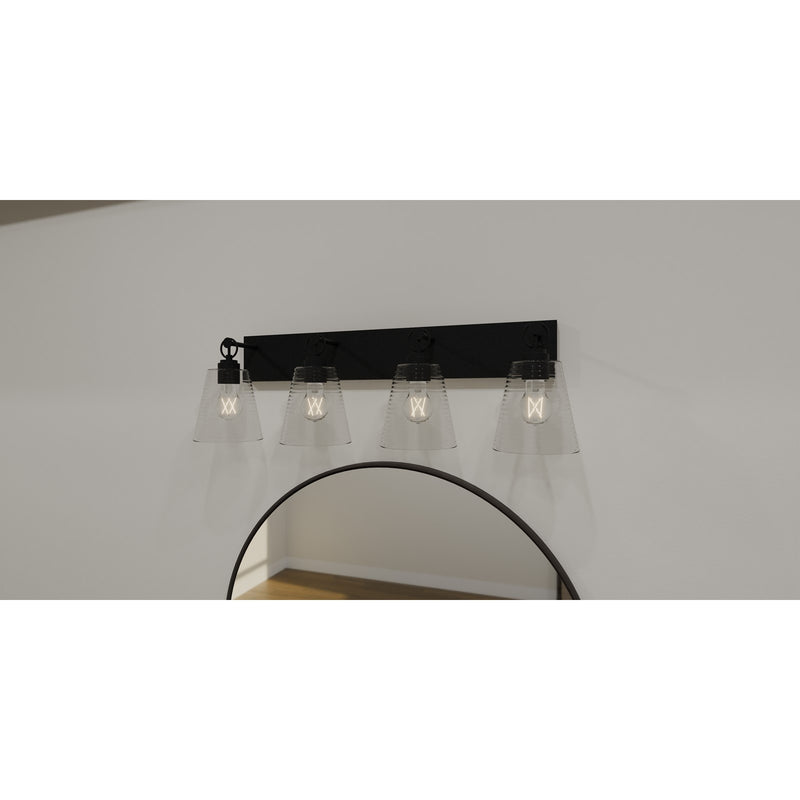 Quoizel Dacosta 33in 4-Light Bath Light | Farmhouse Earth Black and Clear Ribbed Glass | Bathroom Vanity & Powder Room | Model DAC8633EK